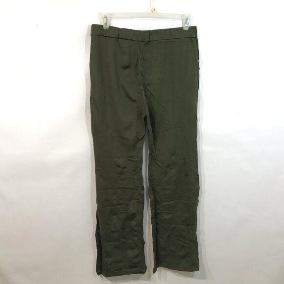 High Waisted Wide Leg Pants Pockets Front Split Flare Leg Olive Green Knit XL - Picture 8 of 10